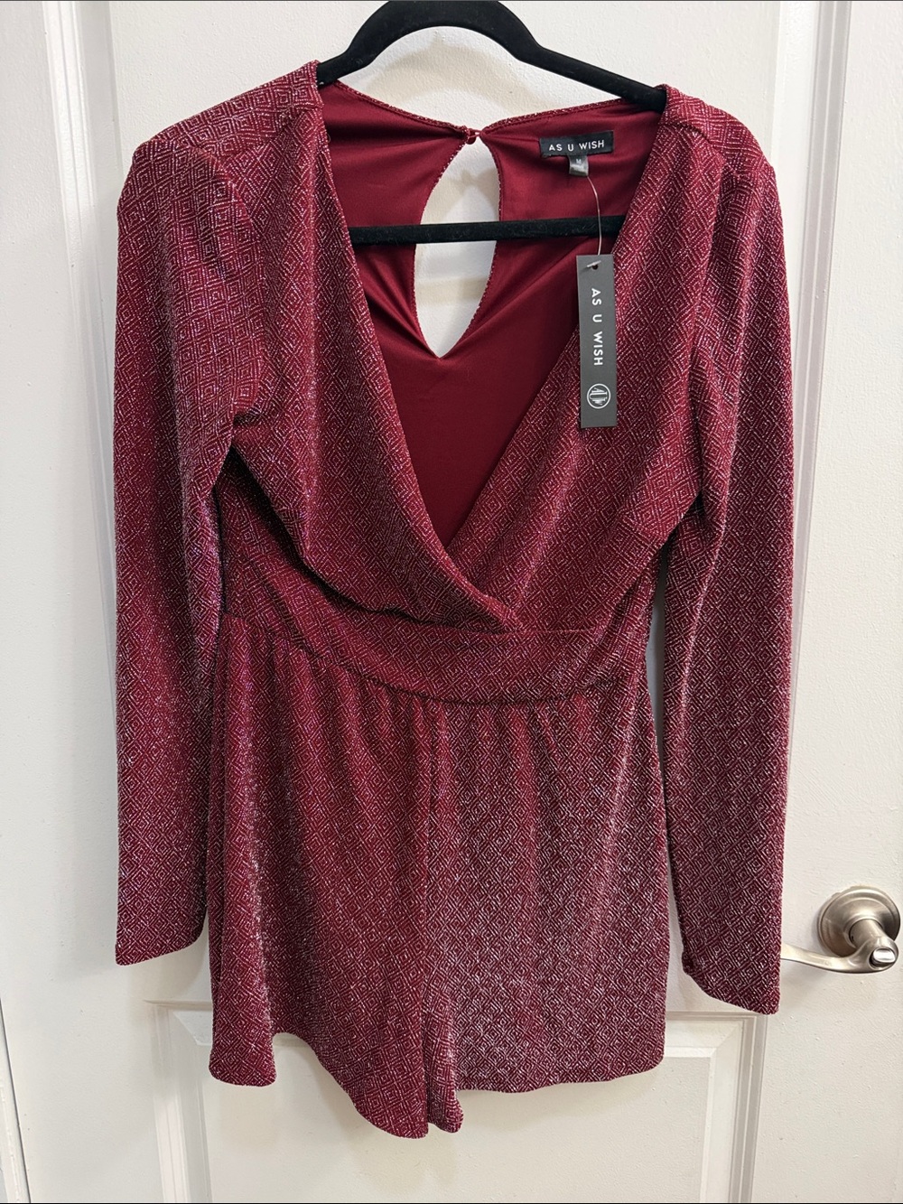 As U Wish Burgundy Sparkle Long-Sleeve Wrap Romper